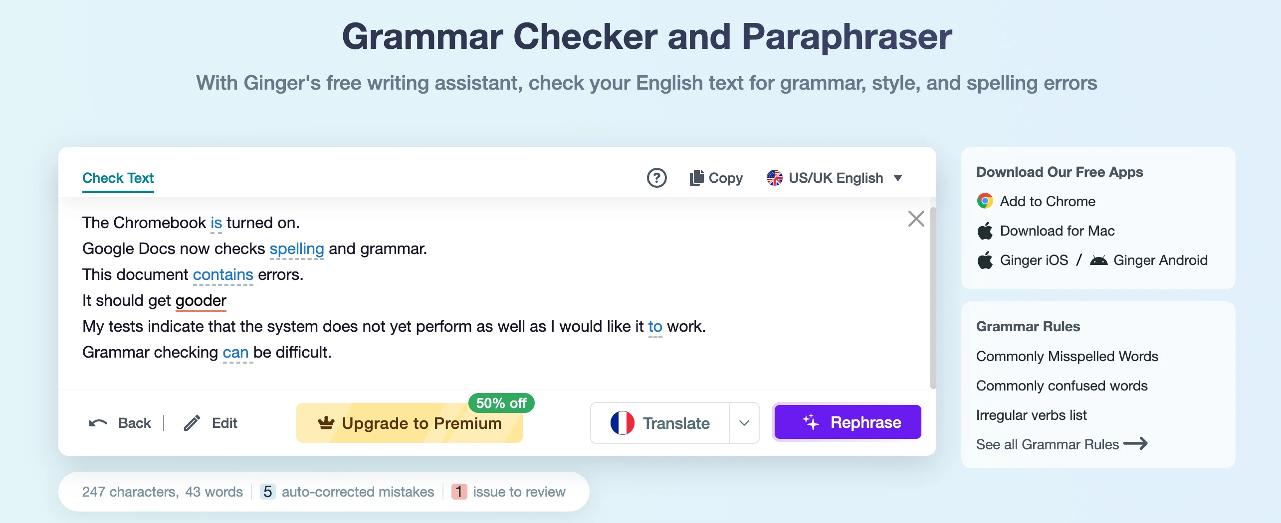 Ginger’s free grammar checker corrects five errors and marks one additional issue in the sample text.